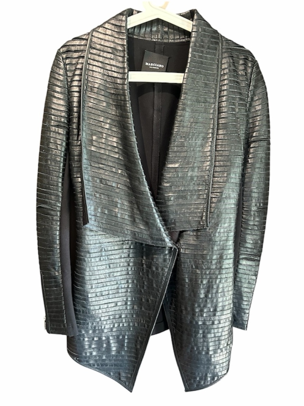 Marciano Black Lamb Leather Textured Open Blazer Jacket